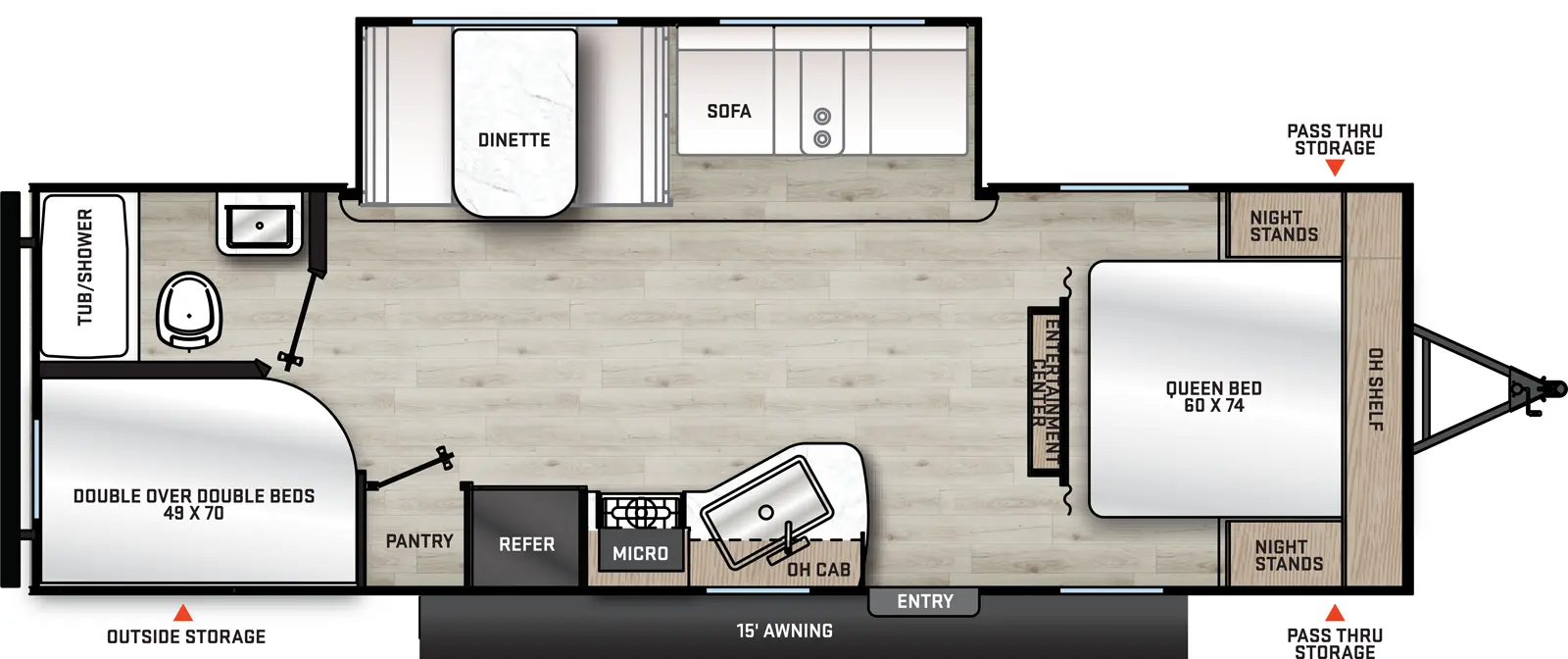 The 26BHS has one slideout and one entry. Exterior features include rear outside storage, 15 foot awning, and front pass-thru storage. Interior layout front to back: queen bed with night stands on each side and overhead shelf; entertainment center in the middle of the RV; off-door side slideout with sofa and dinette; door side entry, kitchen counter with sink, overhead cabinet, microwave, refrigerator and pantry; rear door side double over double bunk beds; rear off-door side full bathroom with tub/shower.